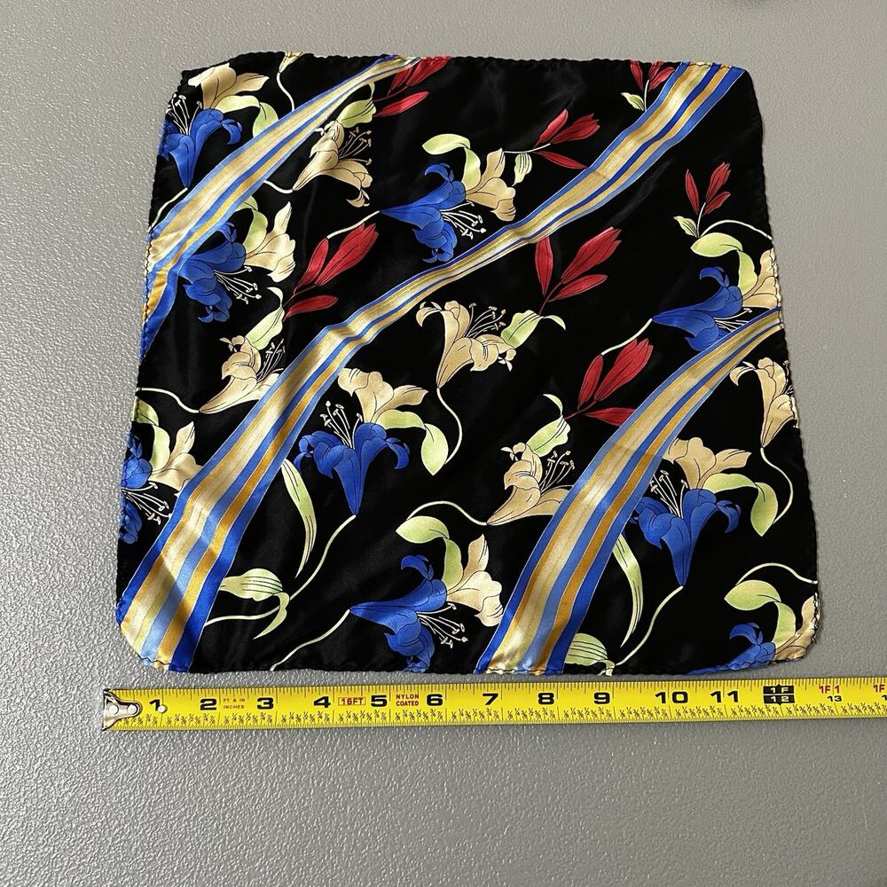 Vintage Black Square Silk Scarf Floral Ribbon Stripe Neckerchief Pocket Square